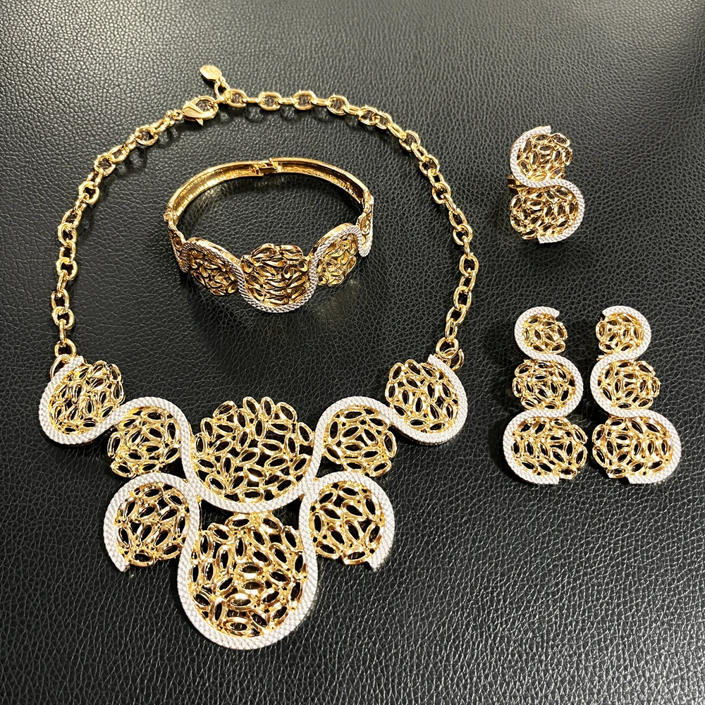 Italian Gold Plated Women Necklace Jewelry Set Nigerian Wedding Party  Delicate Earrings Bracelet Ring Jewelry Sets Bijoux