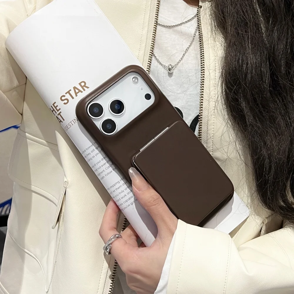 

Lamb pattern flip mirror dark coffee phone case, suitable for iPhone14/15/16/17ProMax, 17 Pro new shockproof protective case