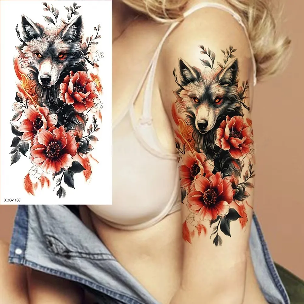 New Waterproof Temporary Tattoo Sticker Fire Forest Lion Wolf Tiger Flash Tattoos Man Crown Body Arm Fake Tatoo Sexy Women Tatoo