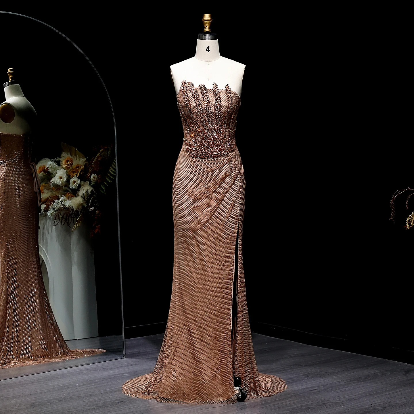 Sharon Said Stunning Crystal Dubai Caramel Mermaid Evening Dress with Slit for Luxury Wedding Prom Party Gowns SS528 Customized image 2