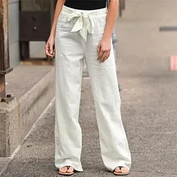 Cotton Linen Wide Leg Soft Pants Women Spring Summer Pleated Casual Straight Pants High Waist Breathable Long Pants With Pockets