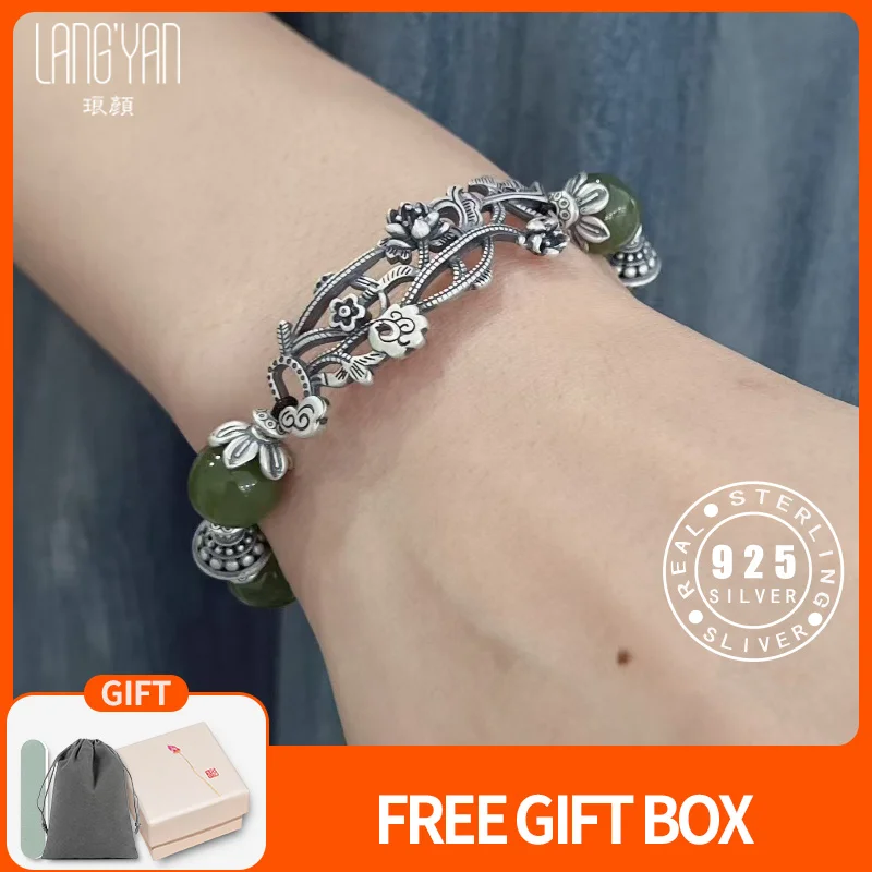 

Langyan браслет ручной работы из стерлингового серебра 925 пробы с цветком, нефритовые бусины, женские винтажные ювелирные изделия в китайском стиле, подарки SL187
