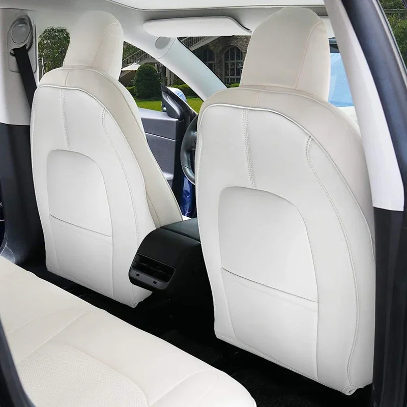 For Tesla Model 3 Y Leather Seat Back Protector Wear-Resistant Car Kick Mats with Organizer Pocket Waterproof Scratchproof
