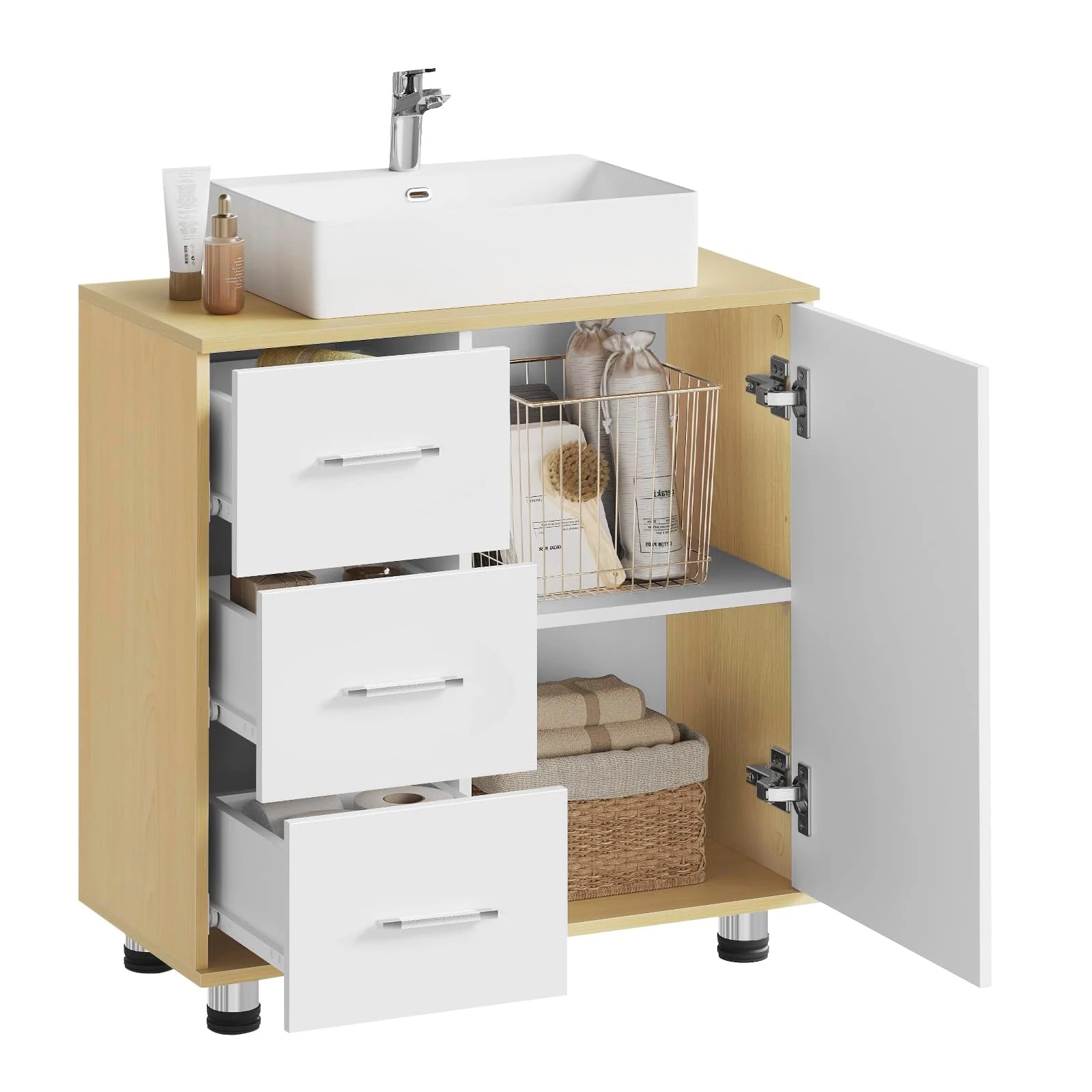 EUGAD Badezimmerschrank, Waschtischunterschrank mit verstellbarem Regal, 3 Schubladen, 2 Fächer, Badezimmer-Aufbewahrungsorganisator, 60 x 60 x 30 cm, einfache Montage