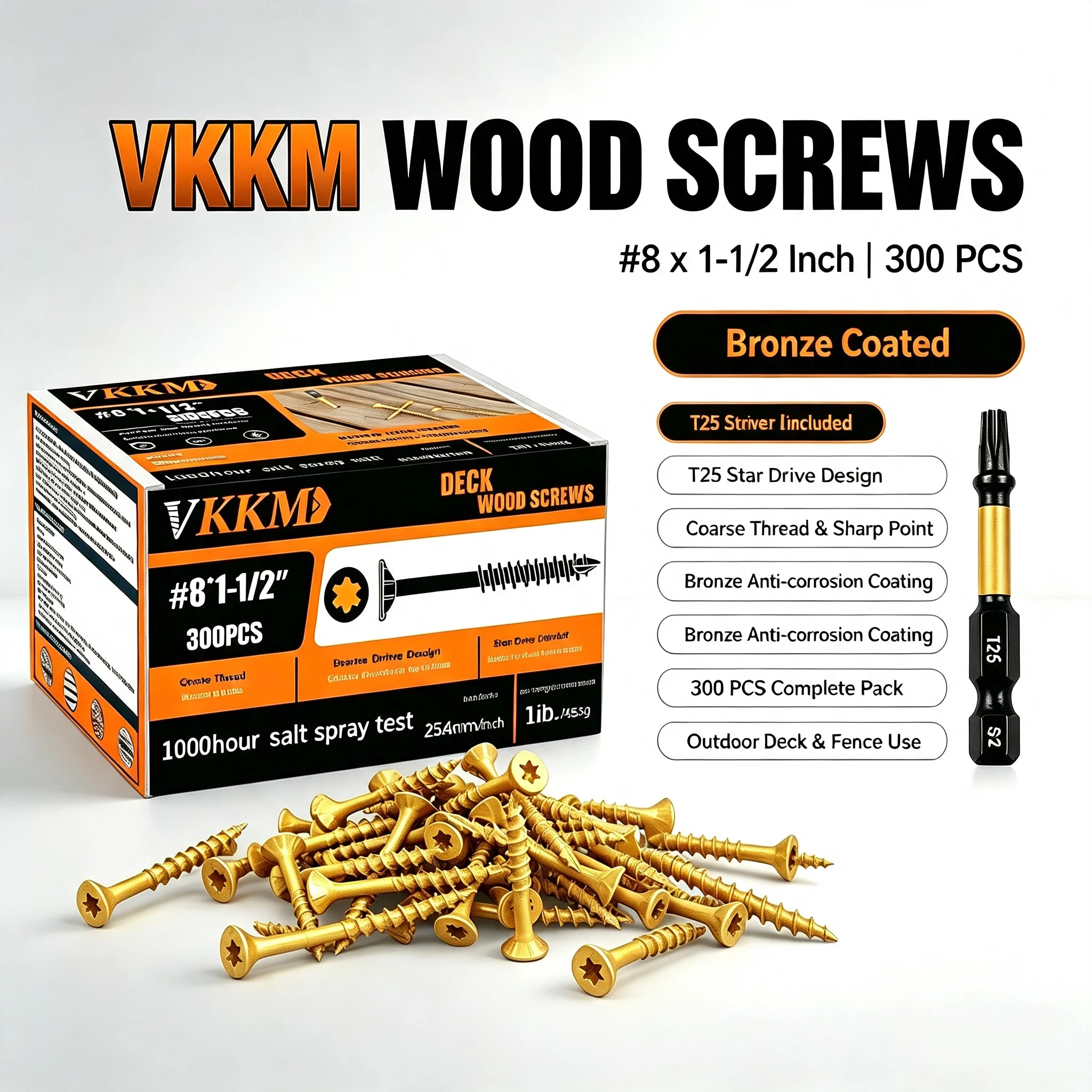 VKKM #8 X 1-1/2 Inch Bronze Coated Deck Wood Screws, T25 Star Drive Self Tapping Decking Screws, 300 PCS with Free T25 Drive Bit for Outdoor Deck, Fence & Wood Construction