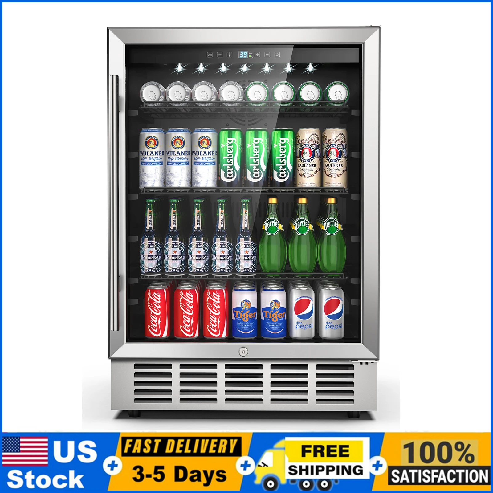 24 Inch Beverage Refrigerator 190 Cans Built-in/Freestanding Beverage Cooler Digital Memory Under Counter Beer Fridge Glass Door