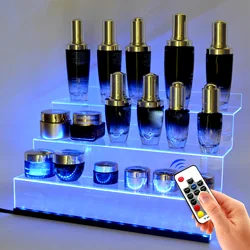 Acrylic Display Rack with LED Lights - 3 Tier Nail Polish Perfume Rack and Display Ladder Rack,,Figures Stand,Clear Cupcake Rise