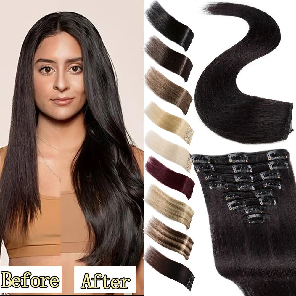 Clip in Hair Extension 7pcs Clip in Human Hair Extensions Clip-on Hair Pieces 100% Human Hair 12Inch Straight Remy Human Hair