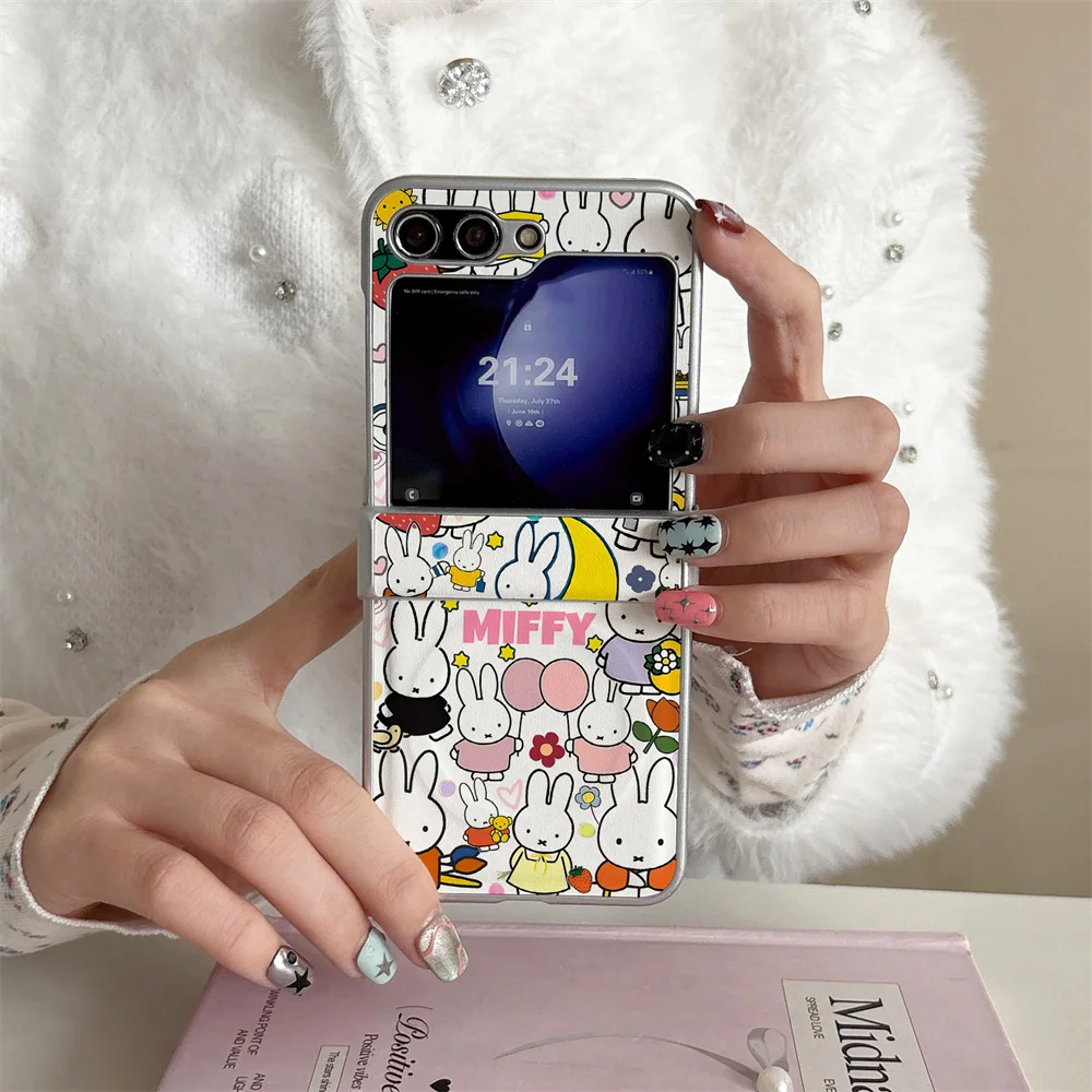

New Happy Miffy Rabbit Leather PU, suitable for Samsung Galaxy Z Flip 7/6/5/4 Flip 5 Flip 6 Flip 4 Fro Magnetic Phone Case