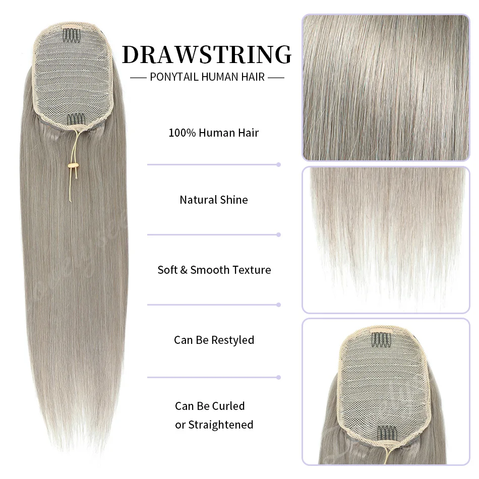 Grey Straight Ponytail Human Hair Extension With Clip In Drawstring Ponytail Brazilian 100% Remy Human Hair Clip Ins Ponytail