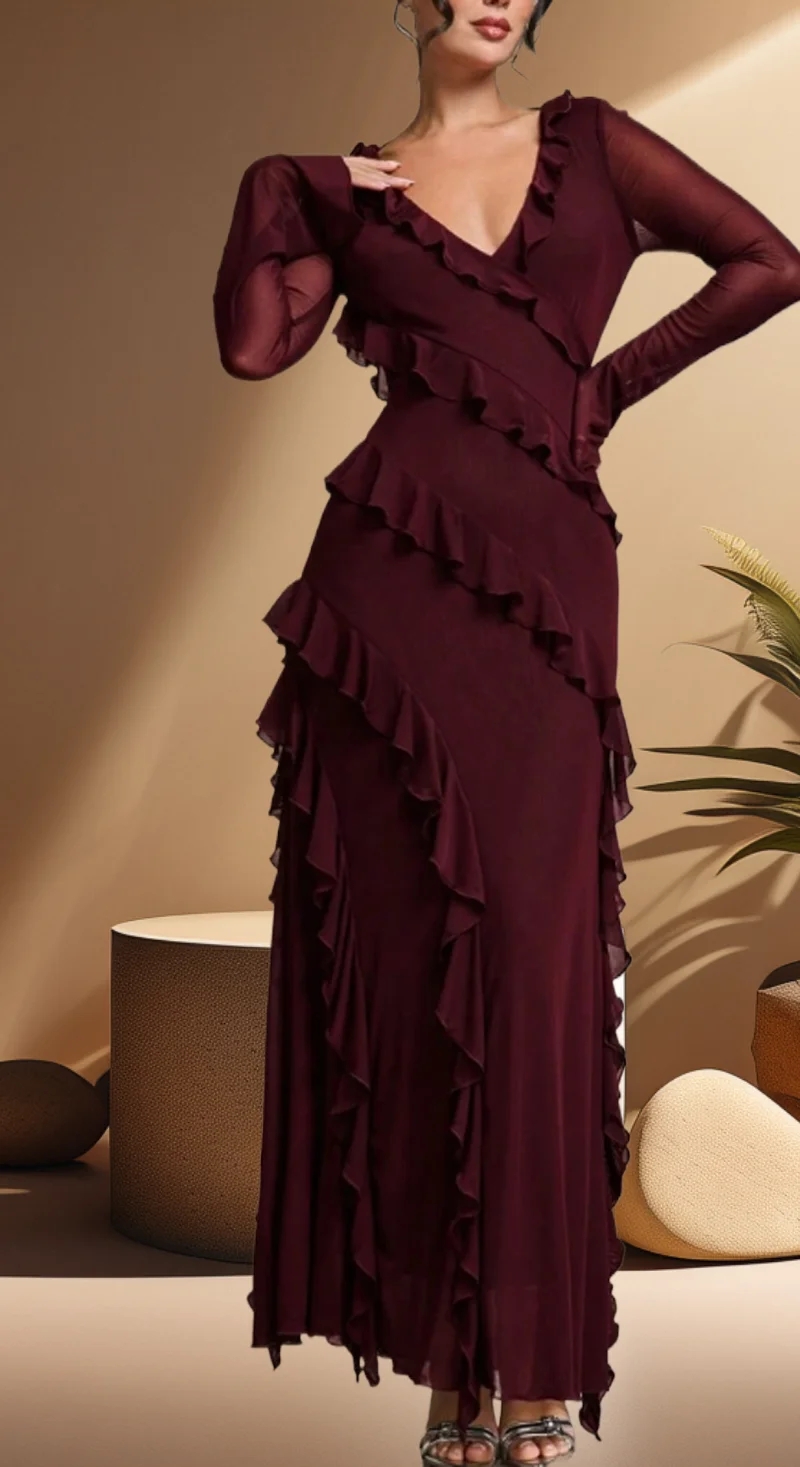 

Sxerxes Long-Sleeved Ruffled V-Neck Ankle-Length Dress Women's Backless Autumn/Winter Dress Elegant Party Dress Women's Sexy Lon