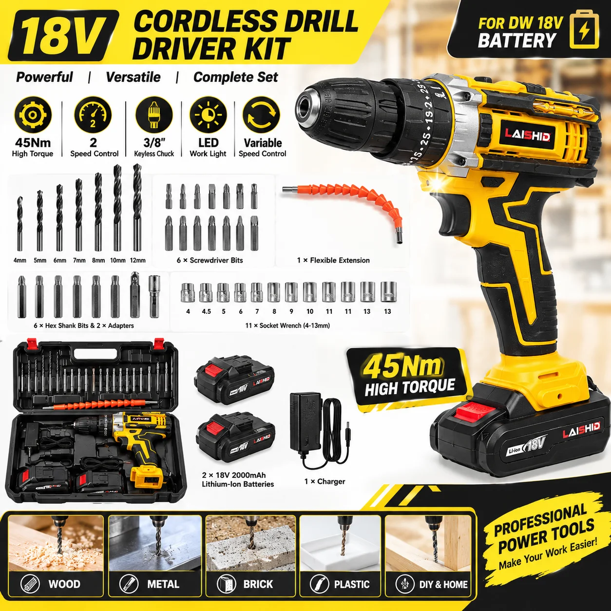 kit de taladro atornillador inalambrico de 18 v 23 piezas 45 nm de par motor taladro electrico de 2 velocidades con luz led portabrocas de 38 sin llave compatible con bateria dewalt de 18 v