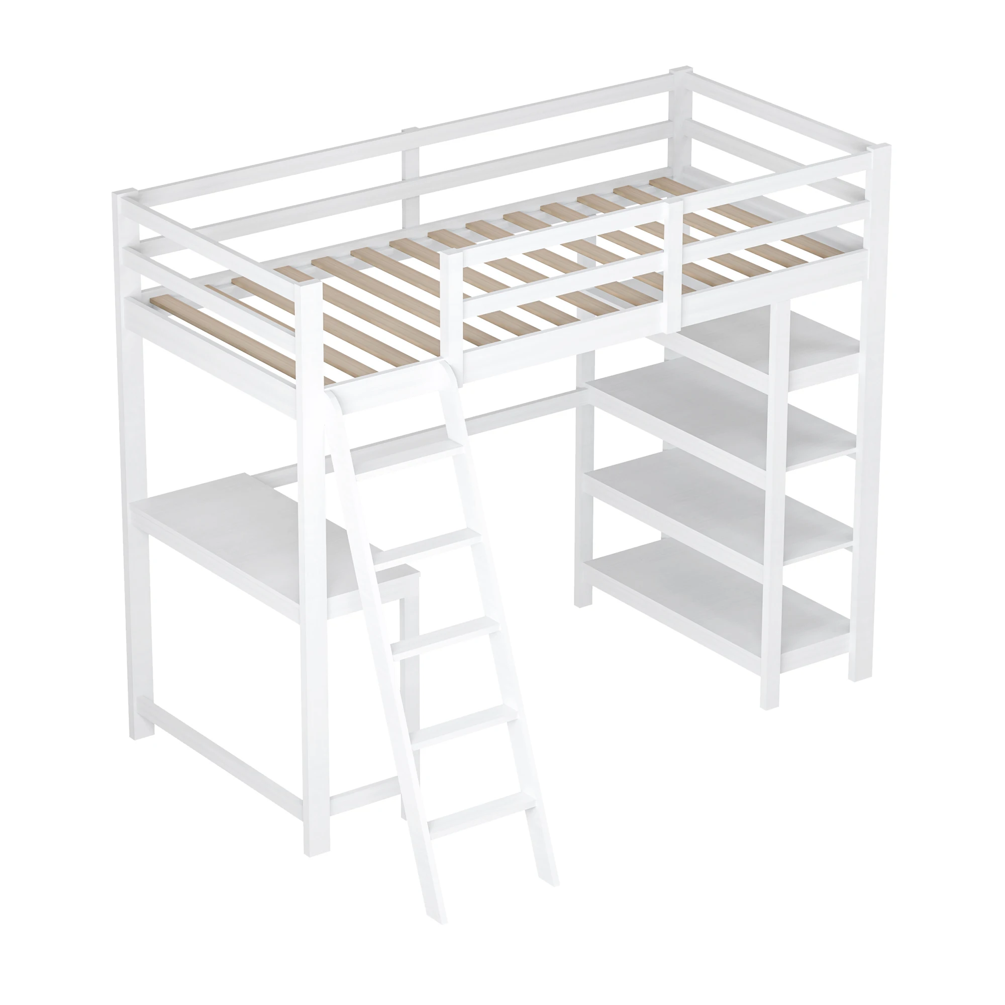 Cama de 90x200 cm con escaleras, cama individual, mesa, Unidad de cama multiusos, marco de cama de madera blanco