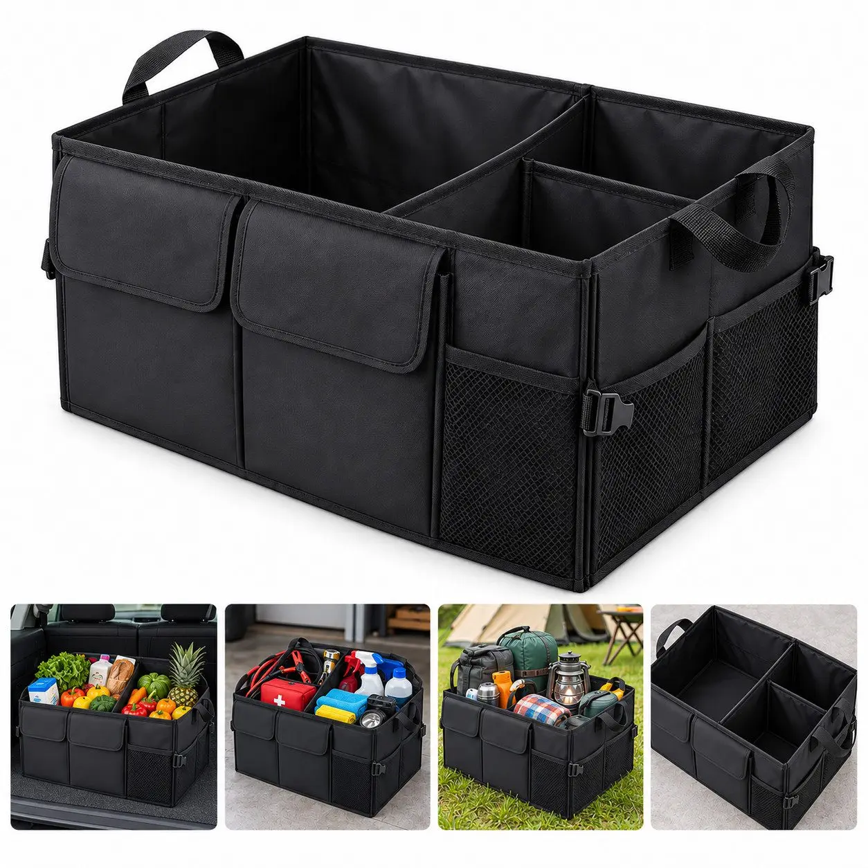 Auto-kofferbakorganizer, universele opbergtas voor de kofferbak met handige gaasvakken, auto-opbergtas voor het opruimen van de kofferbak.