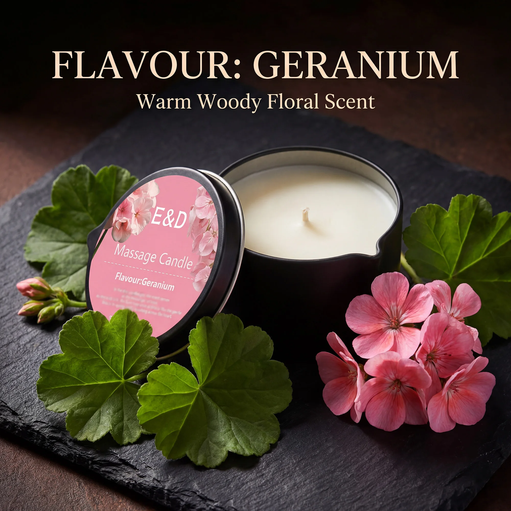 Geranium Massage-Ölkerze 2oz, Körpermassagekerze, die sich in warmes Körperöl auflöst, feuchtigkeitsspendende Aromatherapie, Home-Spa-Geschenk für sie. – Detail 5