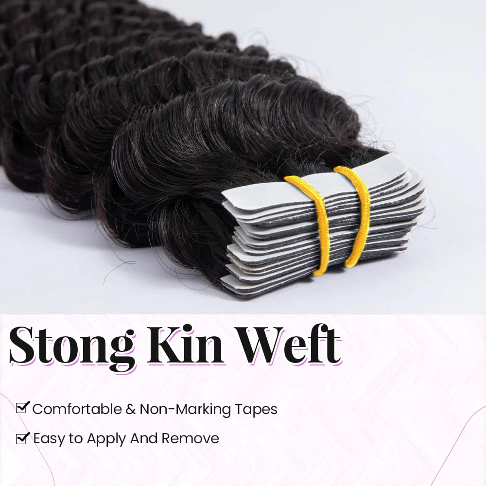 Deep Wave Tape In Hair Extensions Human Hair Natural Black Color Curly Tape In Hair Extensions 16-26 Inches 20Pcs 50G For Woman