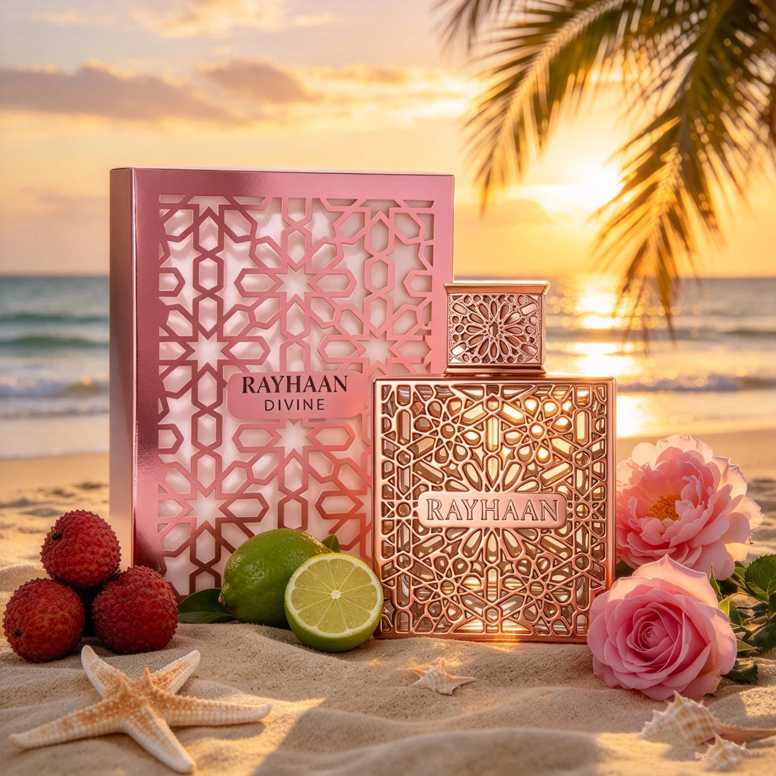 Parfum Rayhaan Divine Middle East, or rose, ajouré et sculpté, parfum floral élégant et parfumé, parfum doux et charmant, parfum longue durée, parfum cadeau idéal pour les rendez-vous.