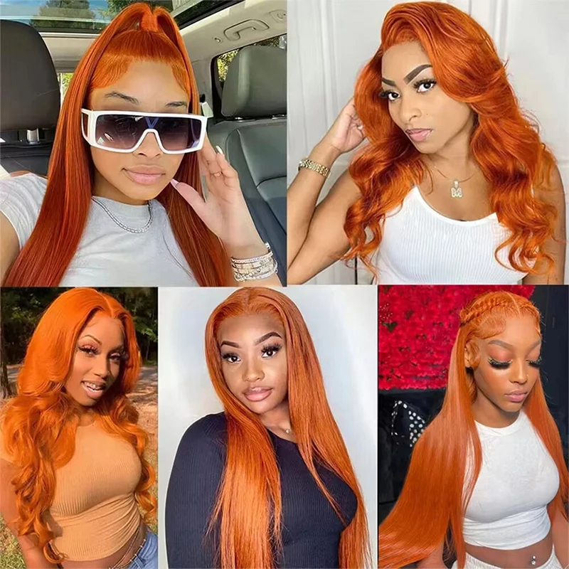 13x6 13x4 Transparent Lace Front Wigs Human Hair Ginger Orange Straight Wig 100% Human Hair 350 Colored 34inch For Women 200%