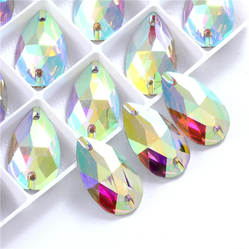 Strass à coudre en forme de larme, cristal AB, dos plat, pierre, accessoires vestisens, chaussures, 4 tailles