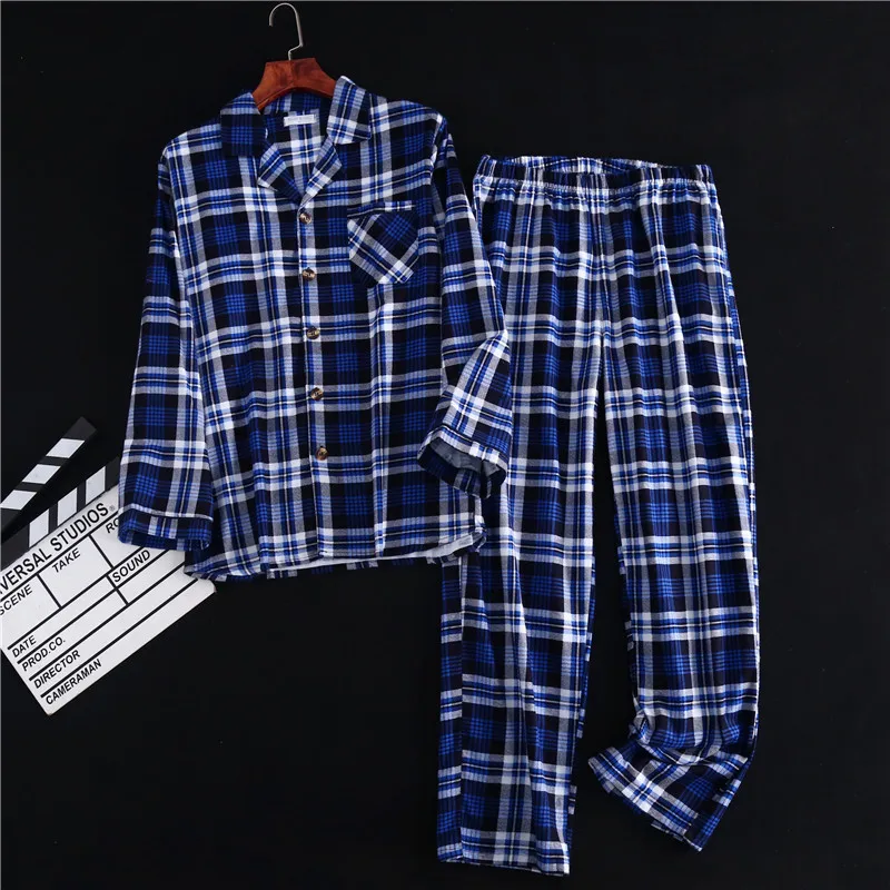 Spring Autumn Men Casual Plaid Pajama Sets Male 100% Cotton Sleepwear Suit Long Sleeve Turn-down Collar Shirt & Pants Home Suit
