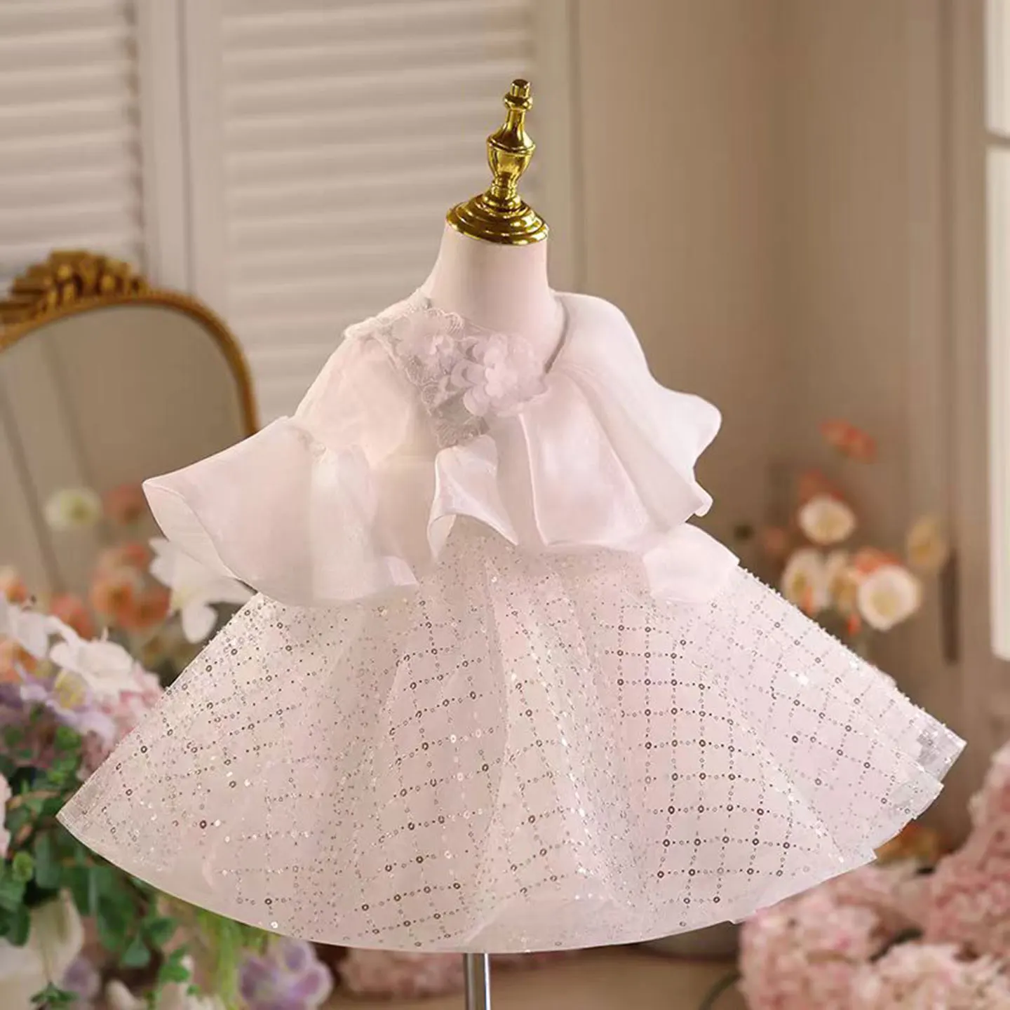 Dreamy Vow D029 愛らしいフリル スパンコール チュール ホワイト ガール プリンセス ドレス キャップ スリーブ 結婚式 イブニング パーティー 初聖体 プロム