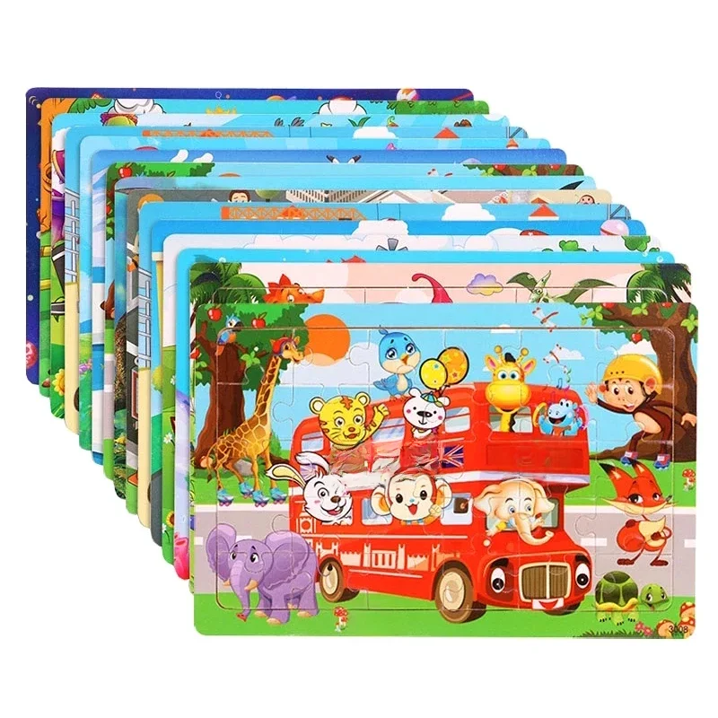Nowe 30-elementowe drewniane puzzle, kreskówkowe zwierzęta, motyw drogowy, tangram, drewniane puzzle 3D, zabawki edukacyjne Montessori dla dzieci, prezenty. — zdjęcie 2