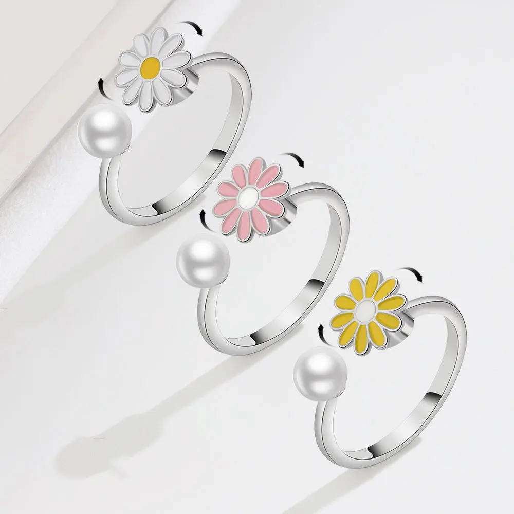 Custom Name Ring 925 Sterling Silver Small Daisy Rotating Ring Female Design Sense  Flower Pearl Ring Creative Drip Oil Jewelry