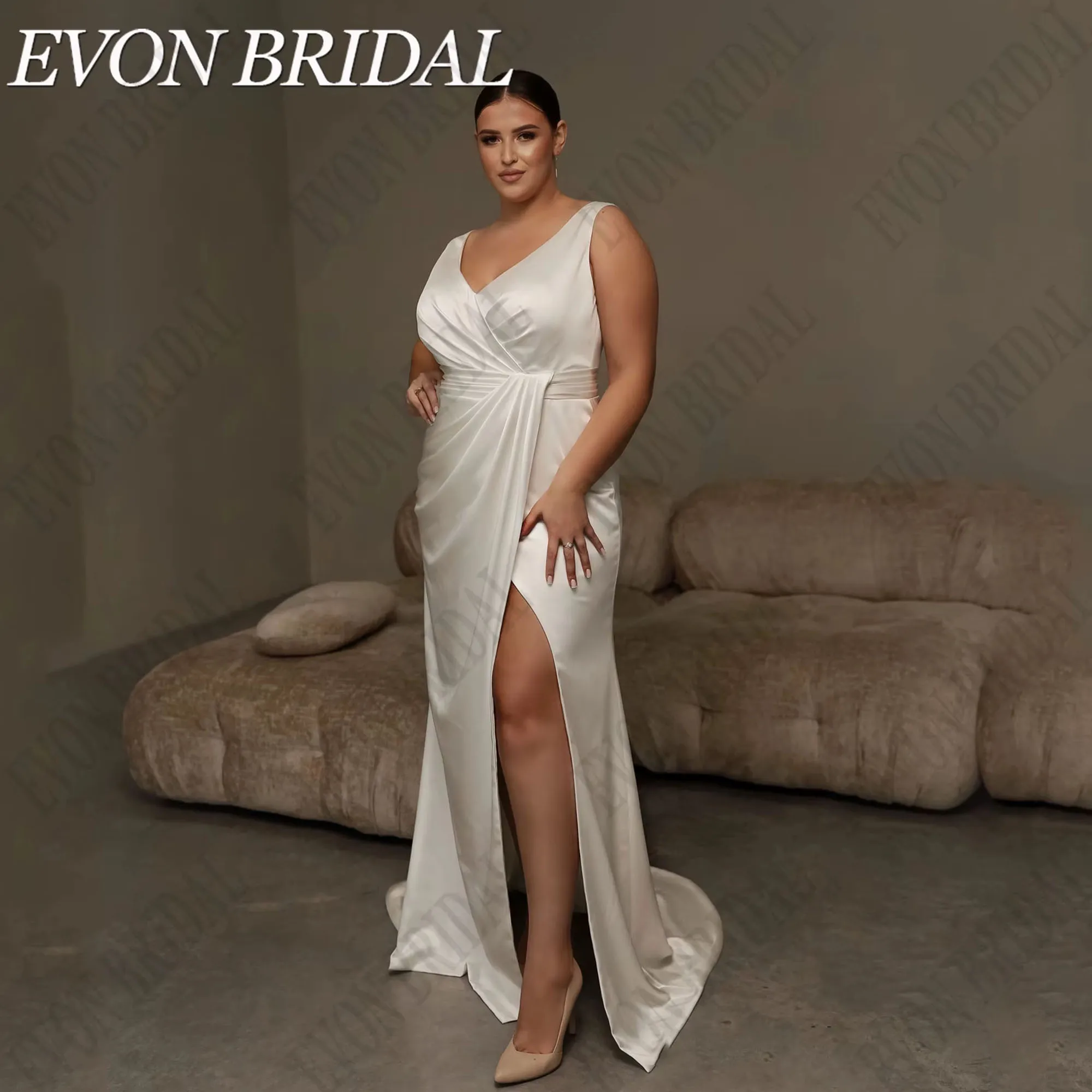 

Satin Sleeveless Wedding Dress Plus Size Split Mermaid Backless Bride Gowns For Gowns V-Neck Bridal Dress EVON BRIDAL Customized