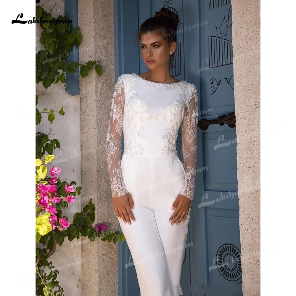 Boho Beach Modest Long Sleeve Jumpsuits Wedding Dress With Detachable Train Lace Bohemian Wedding Dress Bridal Gowns