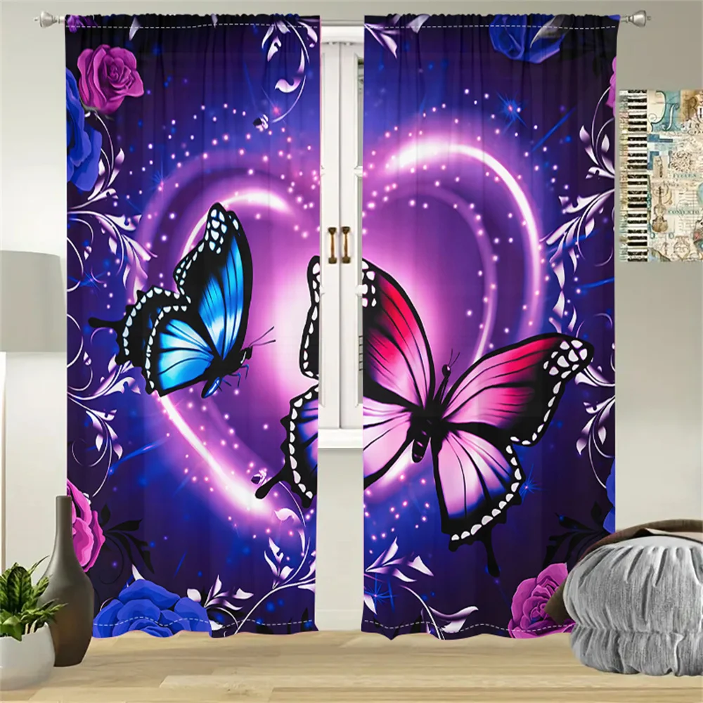 

2Pcs Dreamy Butterfly Curtains Purple Heart Rose Living Room Bedroom Window Decor Curtains Romantic Starry Sky Theme Curtains