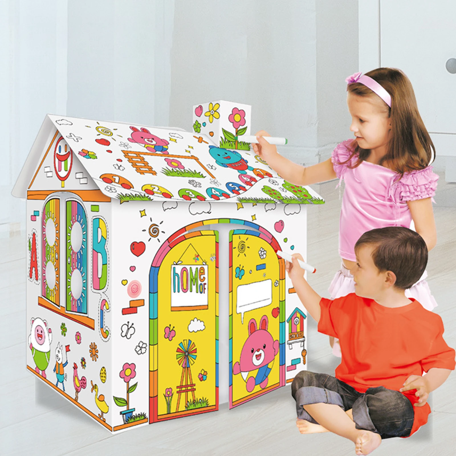 

Paper Cardboard Playhouse Interaction Toys Decorate The Cardboard Fort Play House Learning for Indoor Bedroom Outdoor Gifts