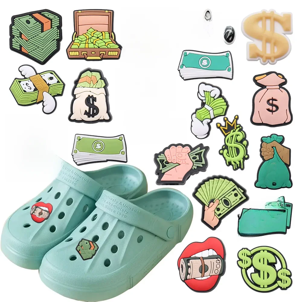 Breloques de chaussures en PVC, argent entièrement chargé, liberté financière, décoration de pantoufles, bracelets de bricolage, nouveau, 1 pièce