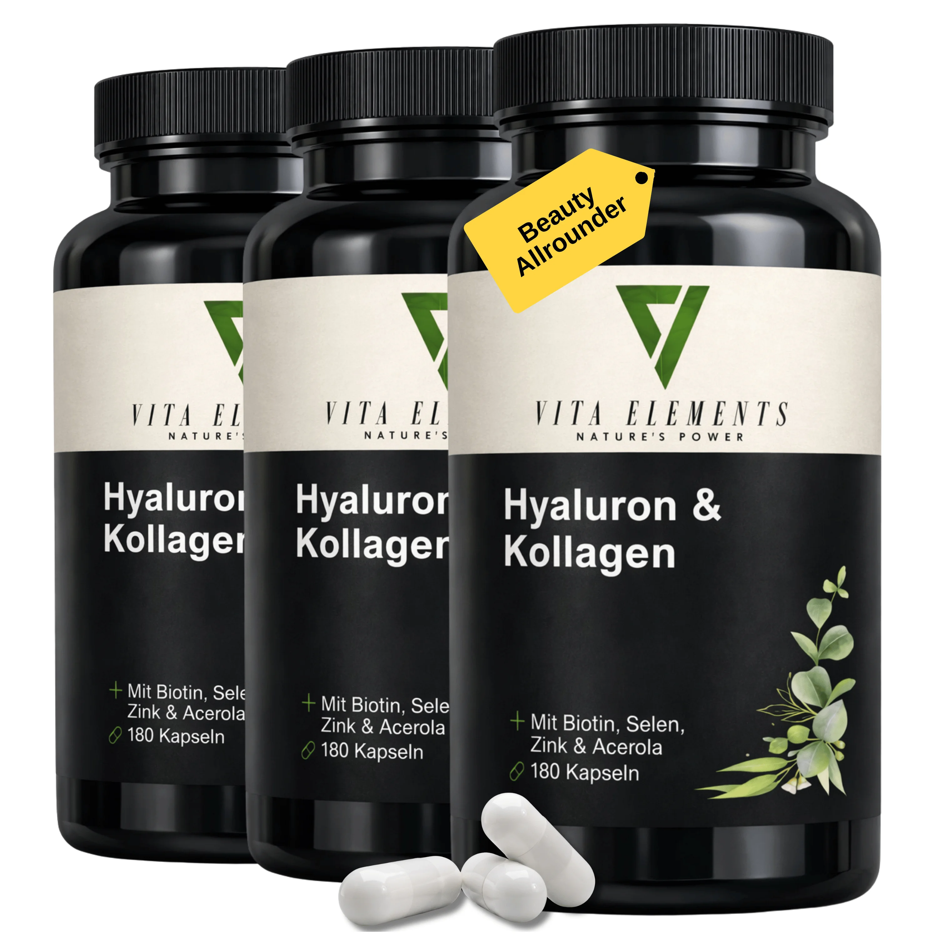 Capsules de complexe hyaluronique et collagène |   Testé en laboratoire en Allemagne |   Compléments alimentaires |   Avec collagène, hyaluron, biotine, vitamine C, zinc et sélénium |   Ingénierie Génétique Gratuite |   180 Capsules |   Ensemble de 3