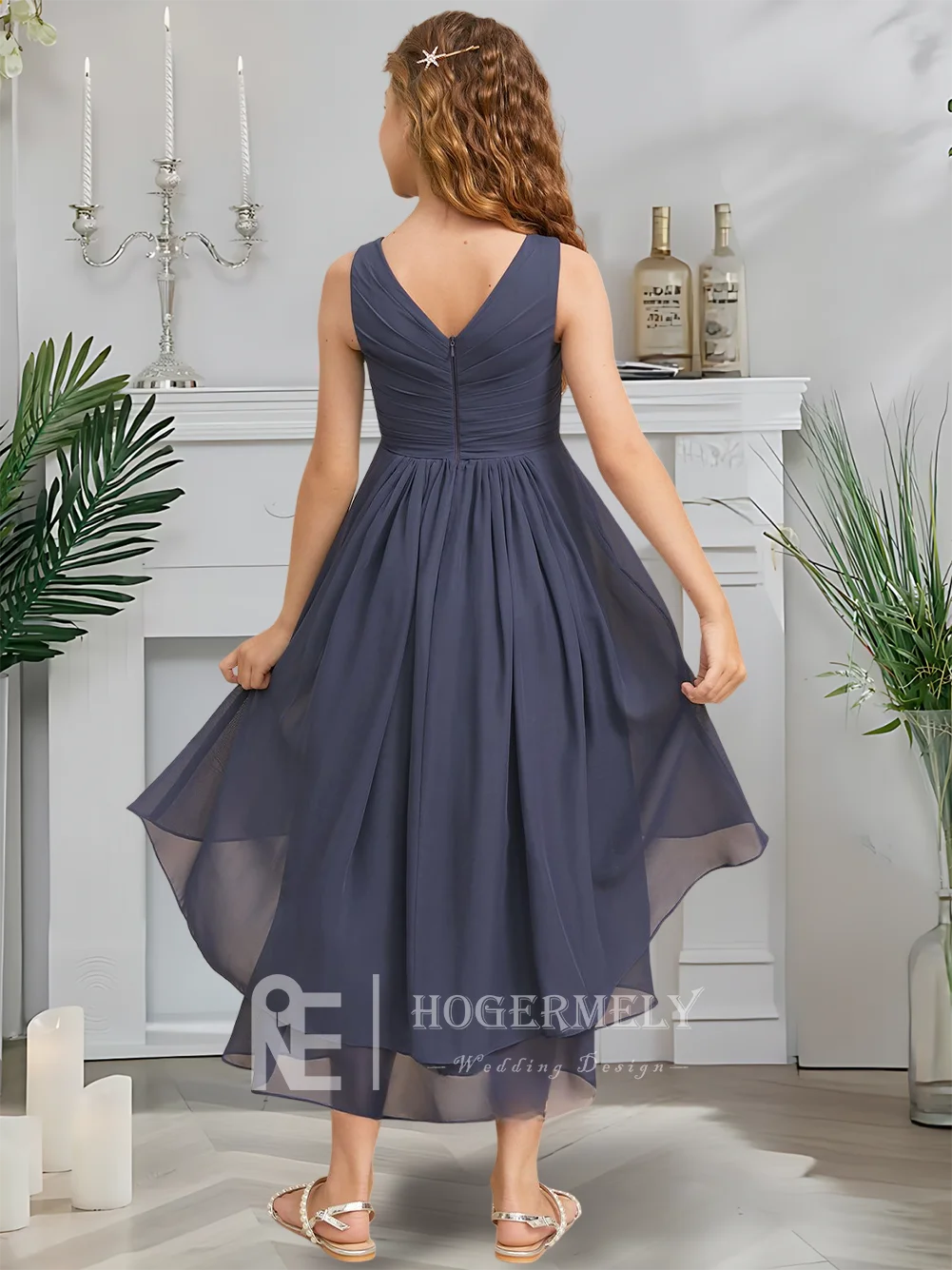 Этническое трапециевидное платье для подружек невесты, серебряное платье с цветочным узором для девочек, шифоновое платье длиной до колена с каскадными оборками на свадьбу