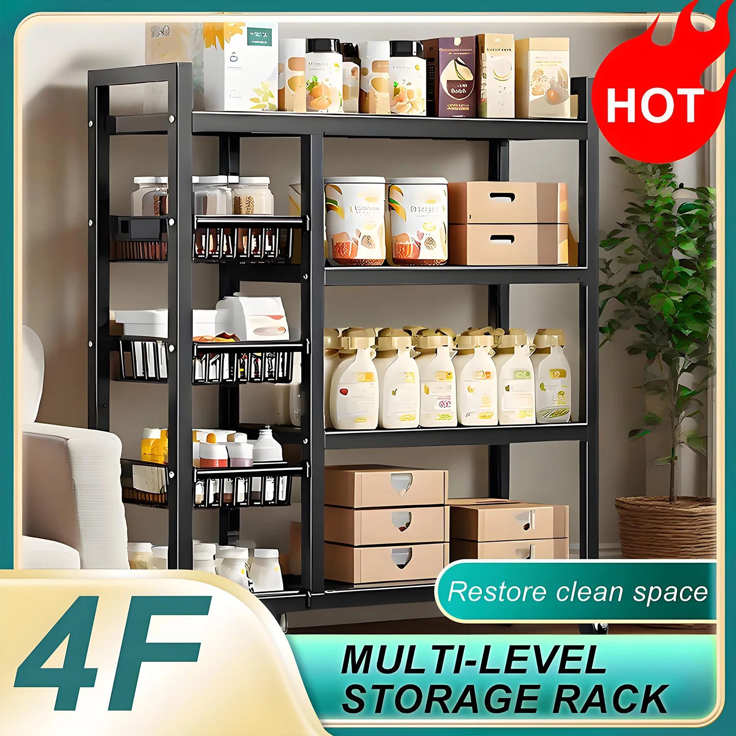 

4-Tier Metal Storage Rack with Baskets and Wheels – Multi-Purpose Rolling Shelf for Kitchen, Bedroom & Living Room