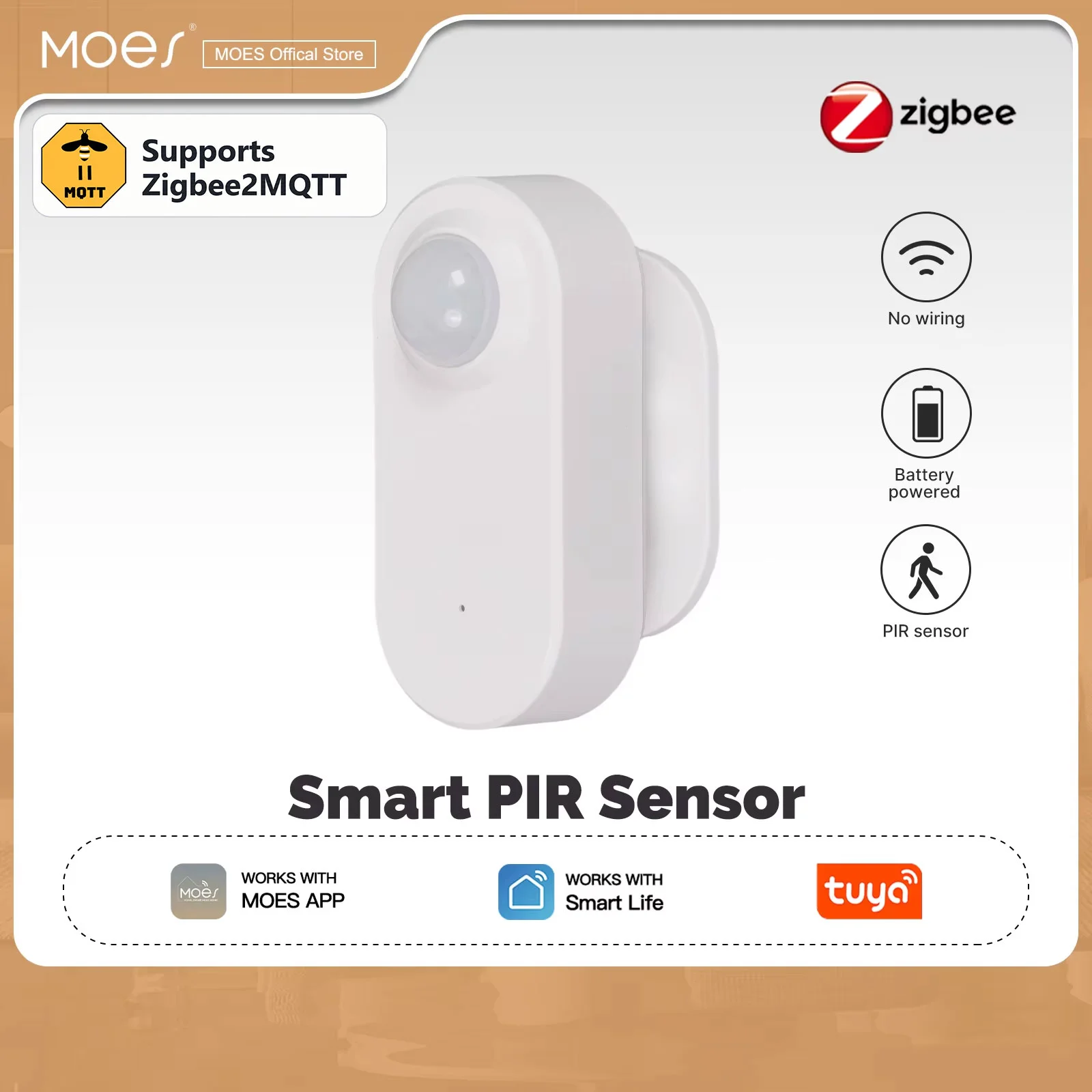 MOES Zigbee2MQTT Smart Motion Sensor,PIR Human Body Detection,Wireless Battery Powered,Tuya Smart Life App,Scene Linkage