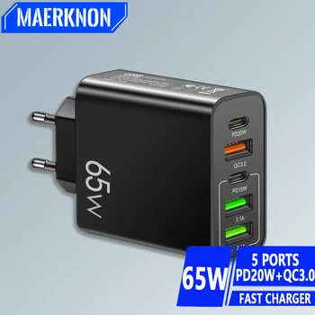 PD 20W USB Fast Charger 5Ports Total 65W USB C Charger Quick Charge 3.0Adapter do telefonu iPhone15Pro Samsung Xiaomi Ładowarka ścienna