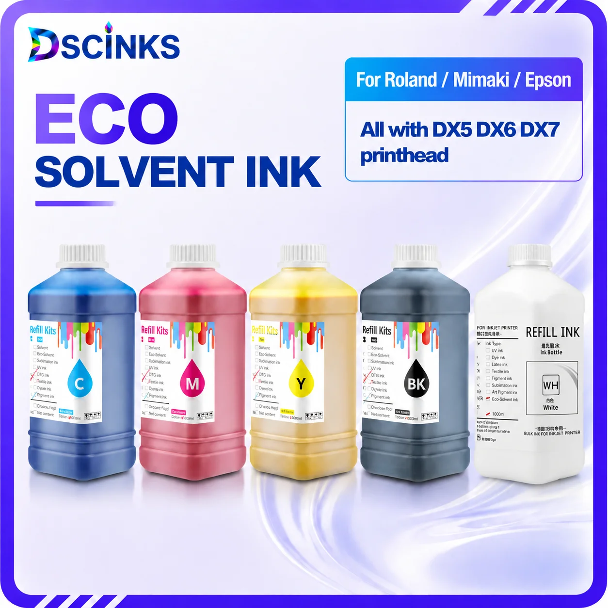 1000ml white Eco solvent ink for Epson / Roland / Mimaki forDX5 DX6 DX7 DX10 TX800 XP600 5113 4720 I3200  ( oil-based ink )
