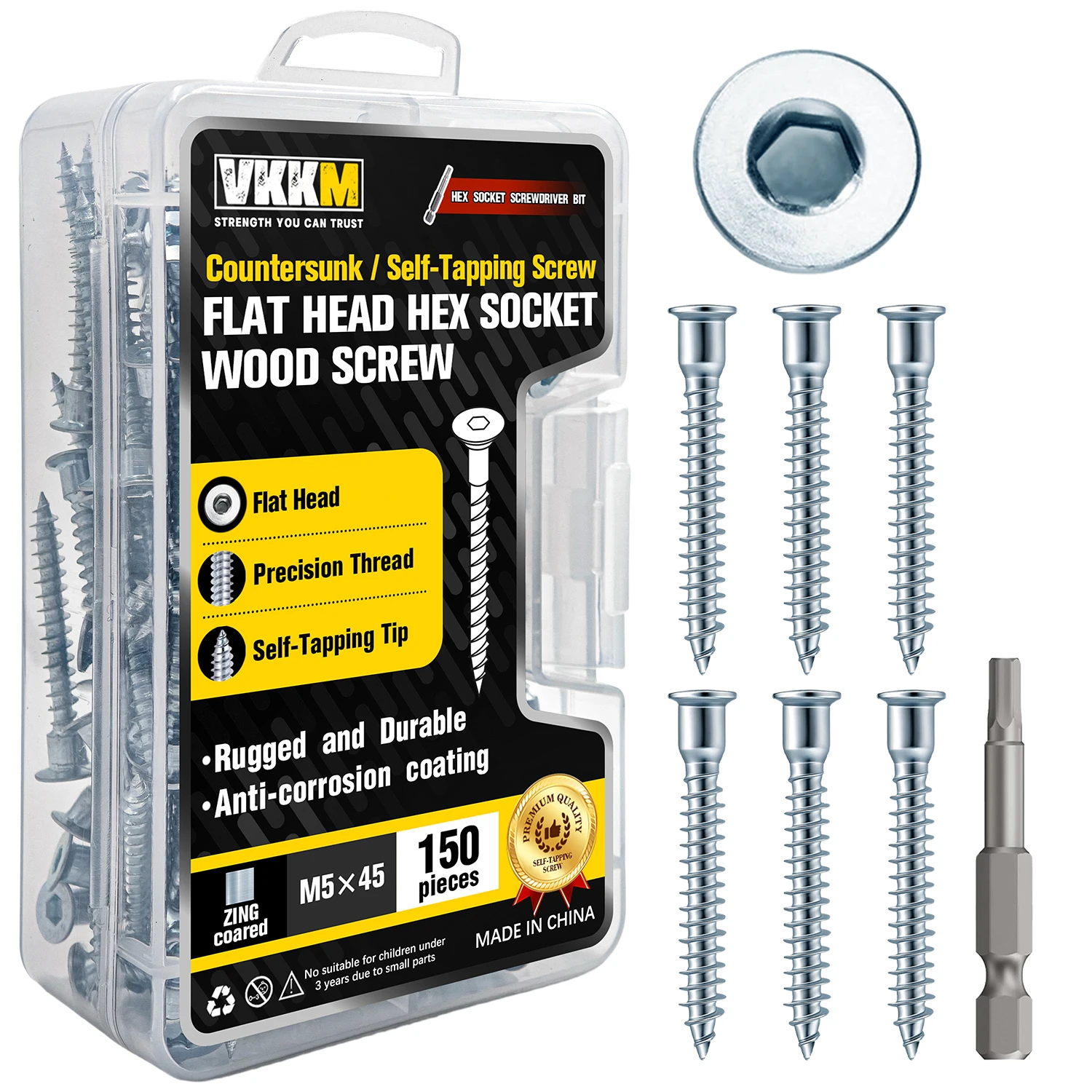 VKKM 150Pcs M5×45mm Flat Head Hex Socket Wood Screws, Zinc Plated Self-Tapping Countersunk Furniture Screws with Free Hex Drill Bit for Cabinet, Woodworking, Furniture Repair