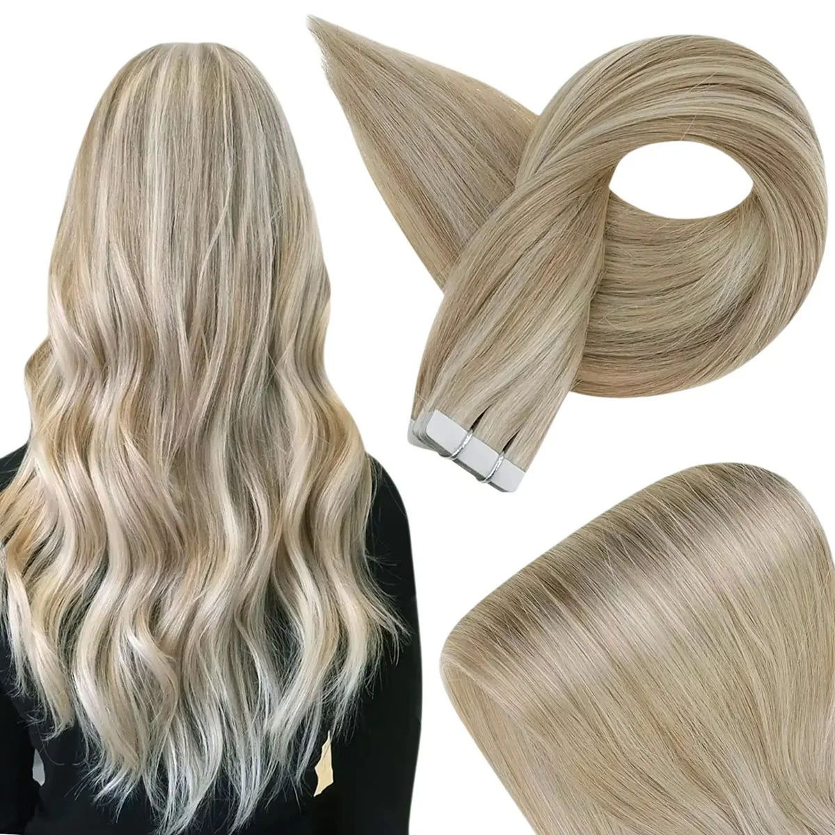 شريط غير مرئي في وصلات الشعر وصلات شعر ريمي حقيقية للنساء أشقر رمادي مختلط البلاتين أشقر مستقيم قطع الشعر