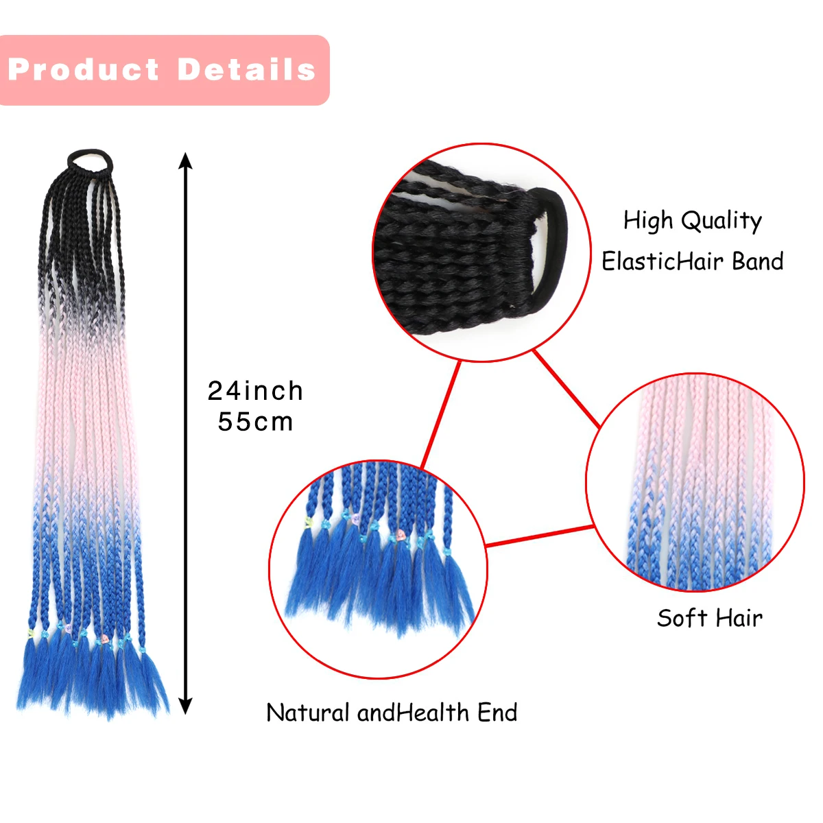 ที่ยืดผมถักเปียสีรุ้งสังเคราะห์สีสันสดใสพร้อมแถบยาง-เครื่องประดับผมทันสมัยเพื่อความสนุกสนานและดูมีชีวิตชีวา