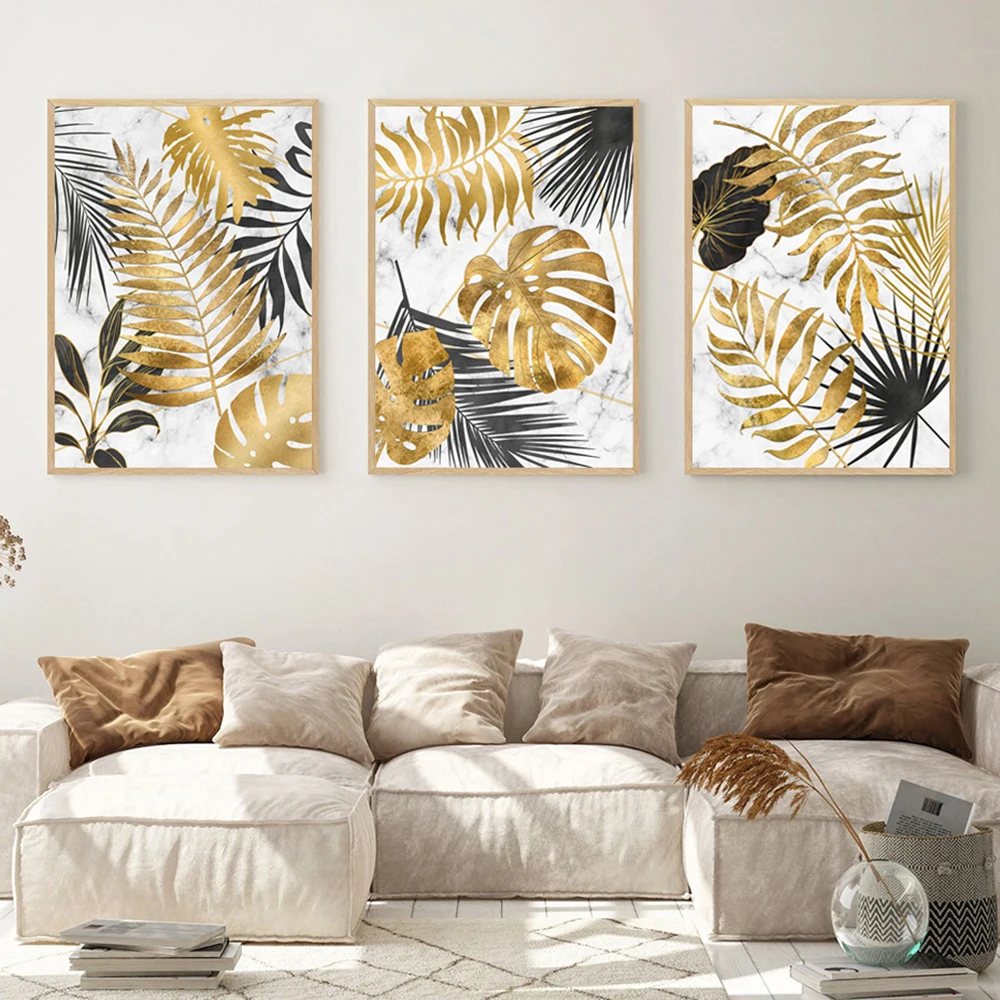3PCS Frameless Abstract Golden Tropical Monstera Leaf Poster Still Life Pictures Canvas Painting for Living Room Home Wall Decor