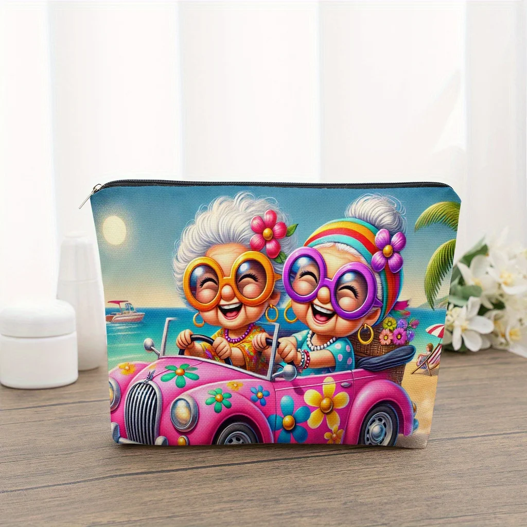 1Pc Classic Pink Beach Car Retro Design Multifunctional Travel Makeup Bag, Snack Storage Bag, Stationery Storage Bag, Fashionable Toiletry Bag, Canvas Double-Sided Printed Zipper Pouch