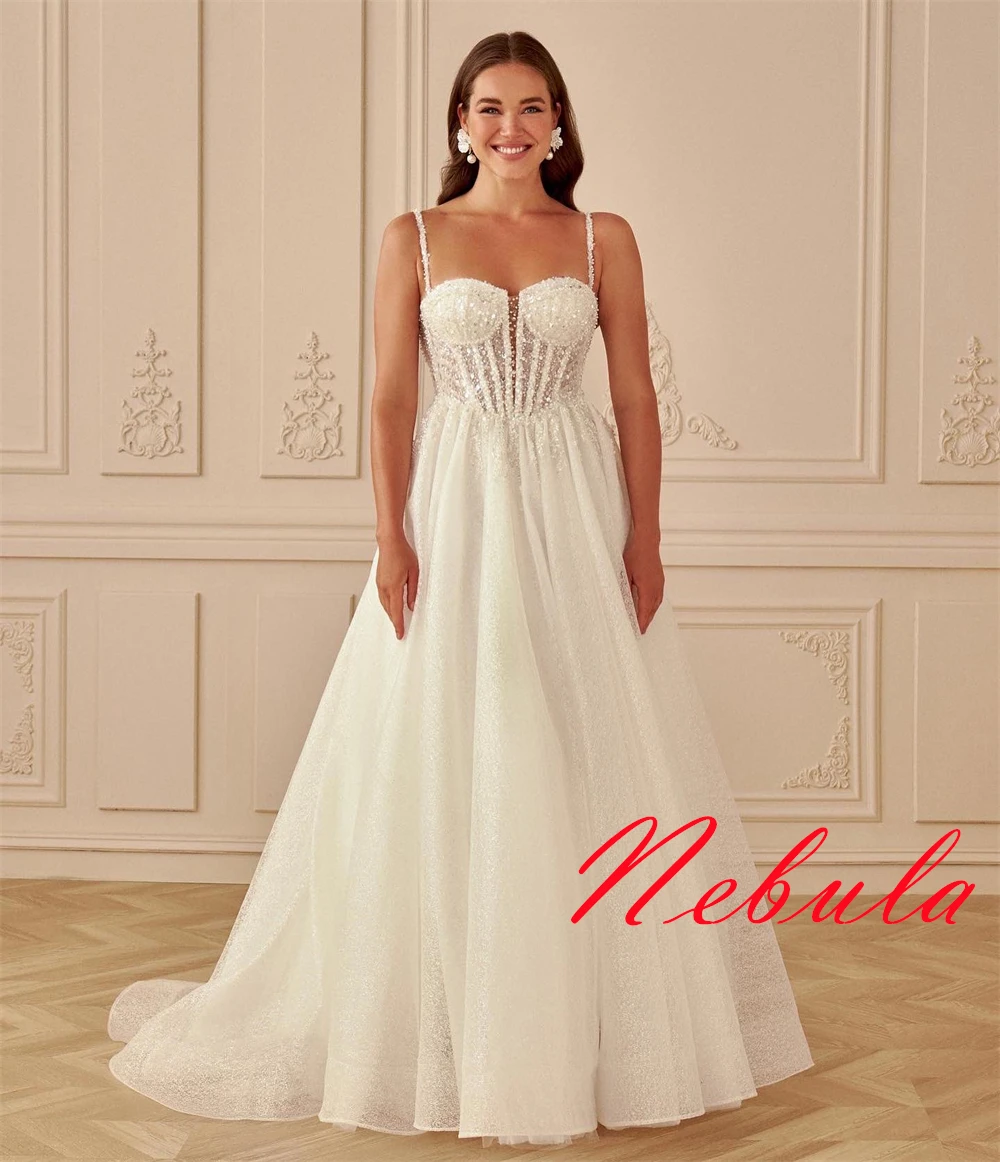 تخصيص أنيقة الأورجانزا مطرزة فستان الزفاف رائعة حمالة السباغيتي الأشرطة أكمام ذيل شابيل أثواب الزفاف