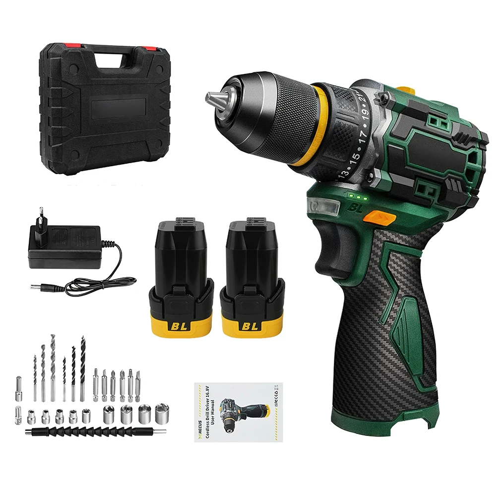 Perceuse à percussion sans balais 16,8 V avec lumière LED, couple élevé 23+1, jeu de 24 embouts, perceuse électrique 2000 mAh 55 N.m, tournevis