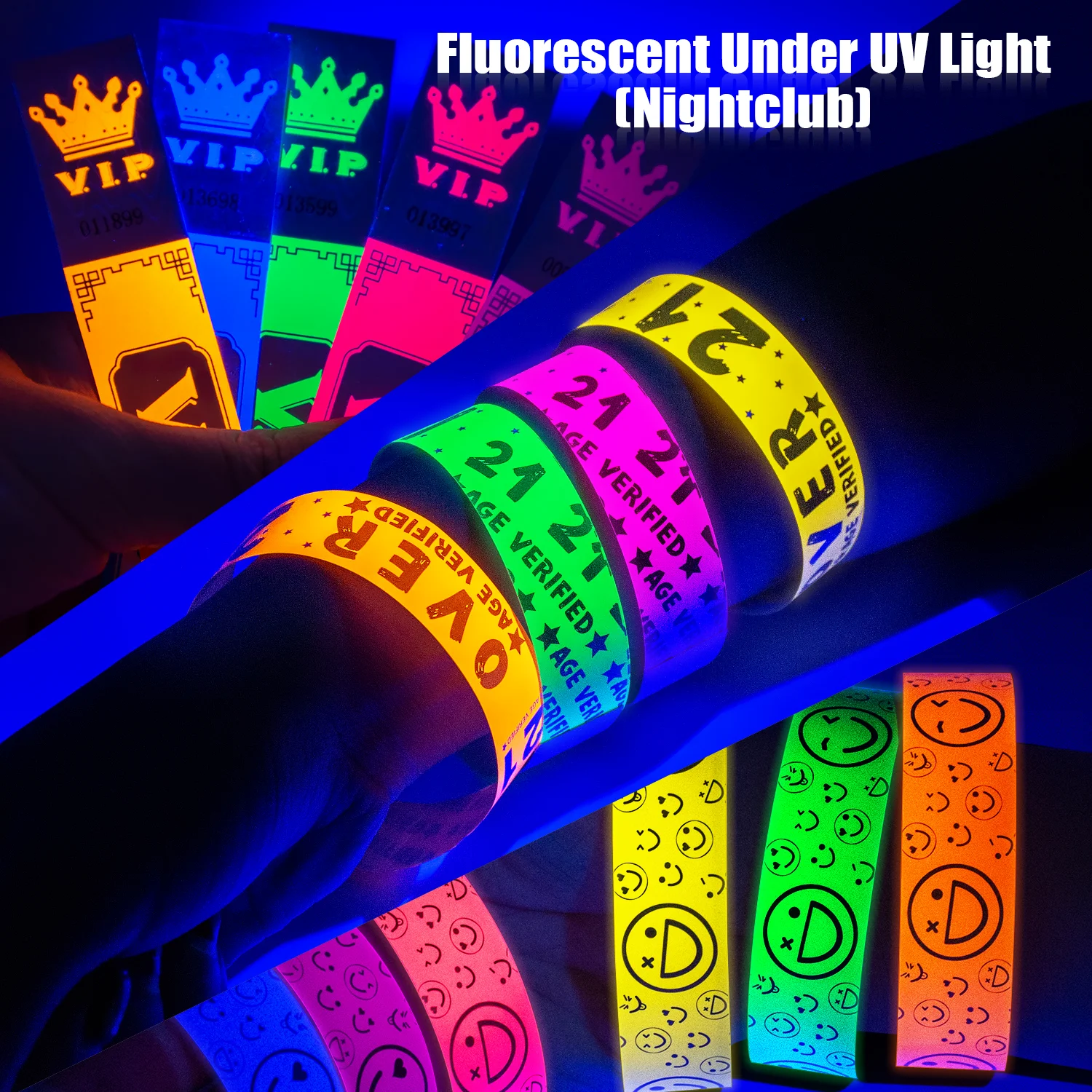 Pulseras desechables fluorescentes resistentes al agua y a las roturas, pulseras de identificación antimanipulación de papel VIP, cara sonriente, 1000 piezas