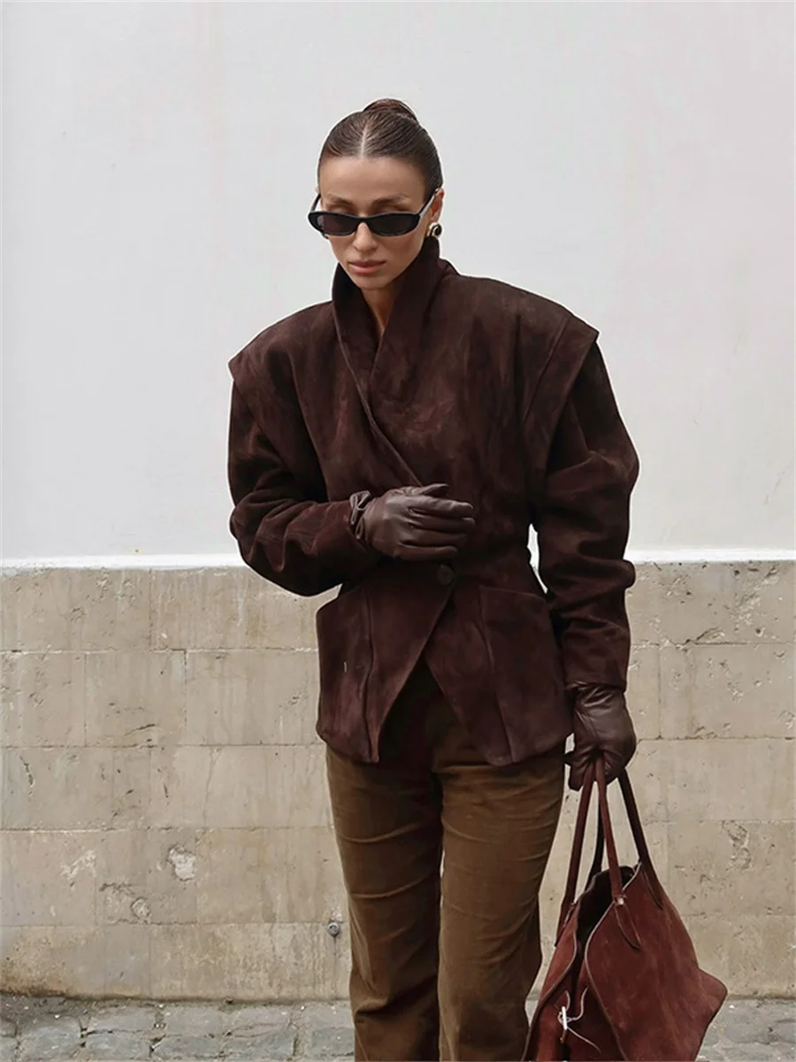 

Autumn Chic Solid One Button Suede Jacket Elegant Female Lapel Long Sleeves Shoulder Pads Coat Fashion Women Loose Street Wear