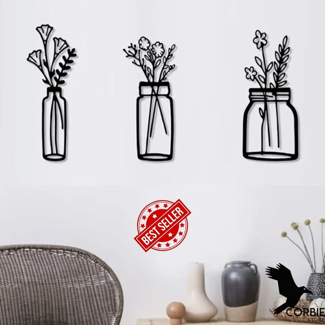 Wooden Wall Art Decor 3 Pieces Flower Pot Figured Black Color Modern Nature Home Office Modern Ornament Beautiful Cute Picture S