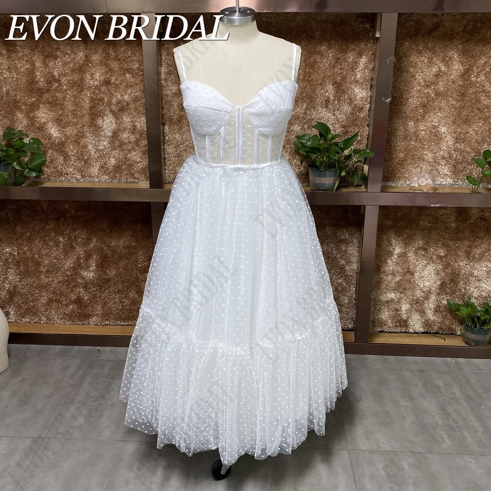 EVON BRIDAL 연인 짧은 웨딩 드레스, 도트 얇은 명주 그물 신부 파티 가운, 레이스업 백 드레스, 차 길이 맞춤 제작 여성용 짧은 웨딩 드레스 플러스 사이즈 도트 튤 웨딩 드레스 레이스 업 백 신참 드레스 차 길이 맞춤 제작 스파게티 스트랩 A 라인 스위트 하트 신부 가운 모던