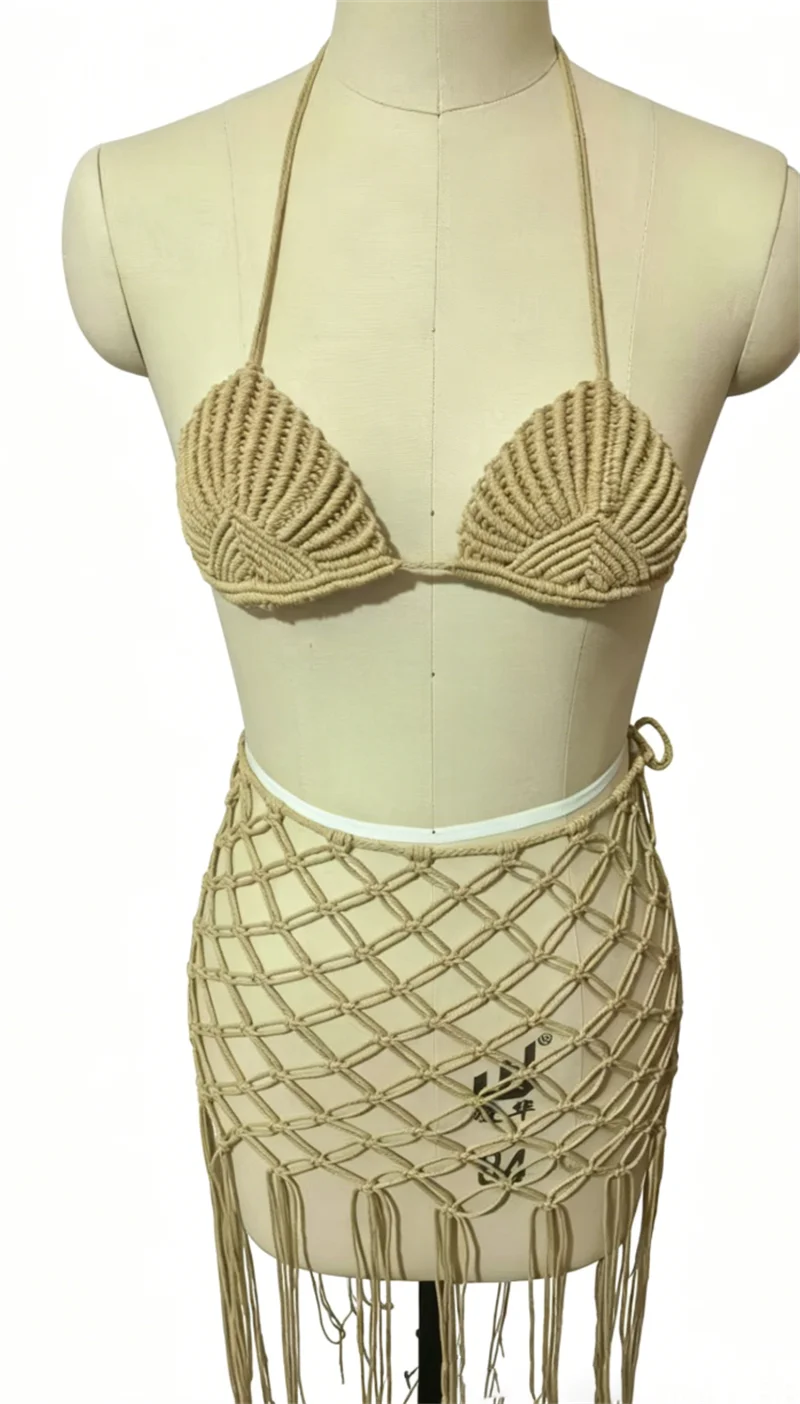 2PCS Sexy Fishnet Fringe Knit Dress Women's Bra Top and High Waist Lace Up Skirt Tassel Bottom Beach Crochet Bikini Cover Ups